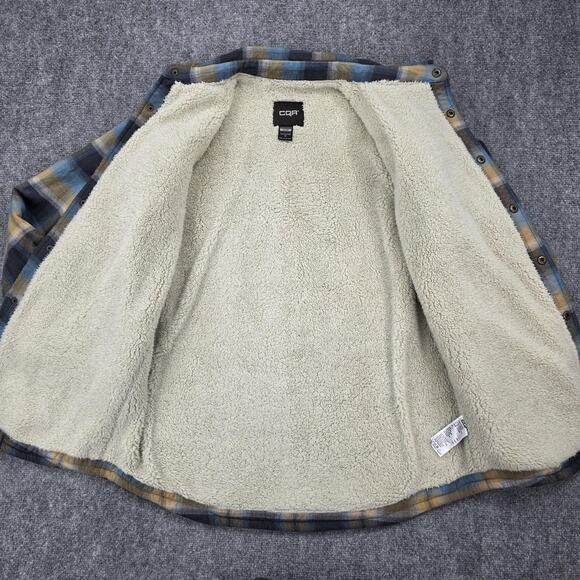 CQR Shirt Jacket Mens Small Blue Yellow Plaid Sherpa Lined Flannel Heavyweight - Picture 14 of 16